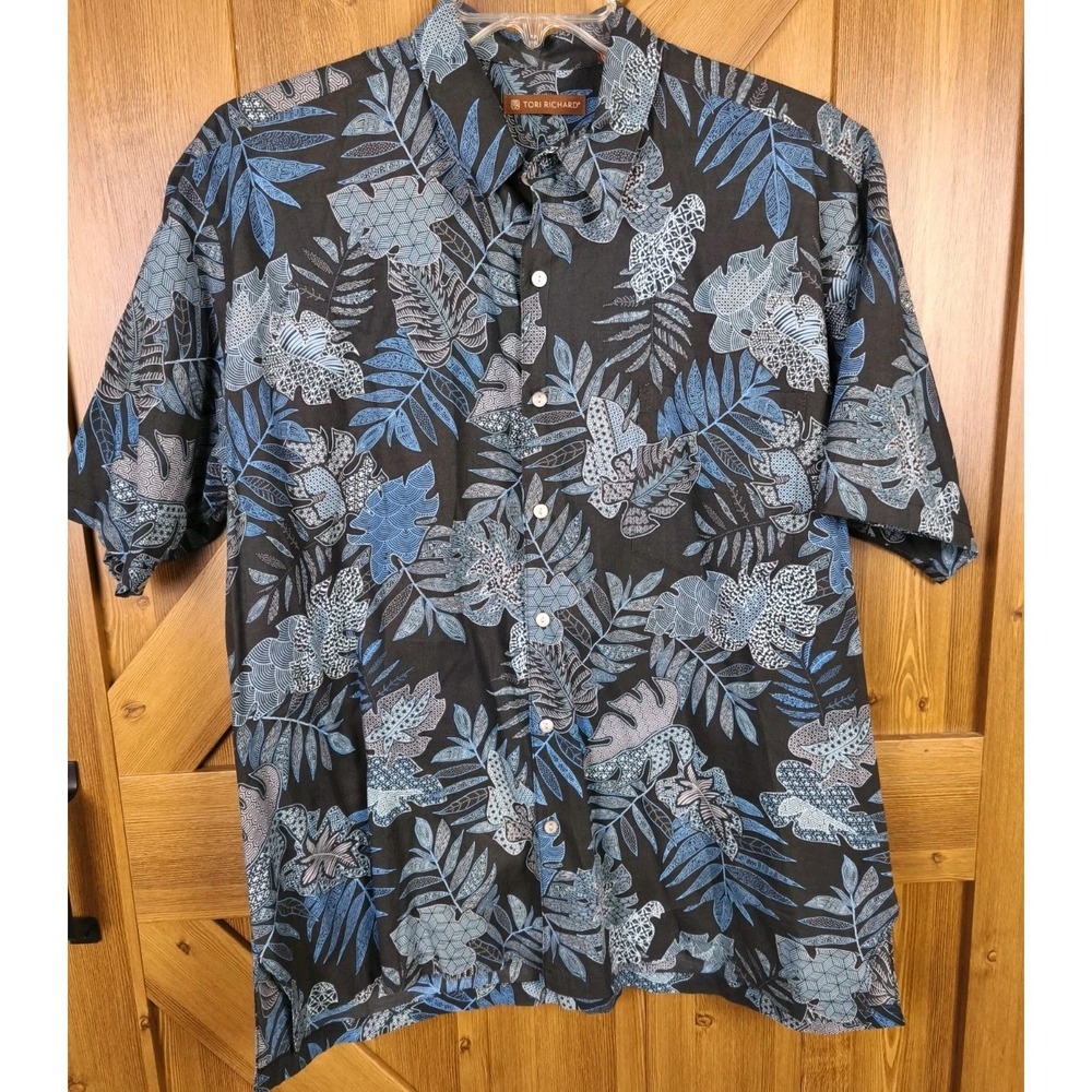 Tori Richard Hawaiian Shirt Mens Large Made In Hawaii Blue Black Tropical Aloha
